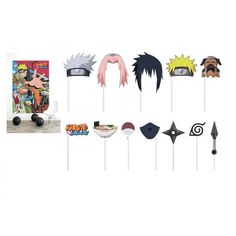 an assortment of anime photo booth props including one with the character from naruto