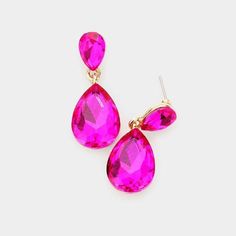 Fuchsia Crystal Double Teardrop Earrings Pink Prom Earrings, Hot Pink Bracelets, Bridal Jewellry, Pink Dangle Earrings, Gold Rhinestone Earrings, Hot Pink Earrings, Pageant Earrings, Jewelry 2023, Prom Earrings