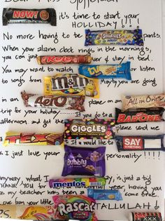 an image of some candy on a white board with handwritten notes in the background