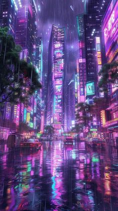 the city is lit up at night with neon lights and rain falling down on it