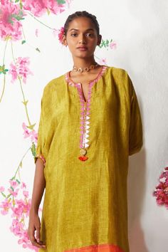 Olive straight kurta with contrast hem and embellished placket. Paired with a cowl pant with floral prints. - Aza Fashions Summer Kurta With Embroidered Neckline For Festive Occasions, Embroidered Neckline Kurta For Summer Festivals, Summer Festive Kurta With Embroidered Neckline, Embroidered Kurta For Summer Festive Occasions, Bohemian Summer Kurta With Gota Work, Basil Leaf, Kurta Patterns, Straight Kurta, Type Of Pants