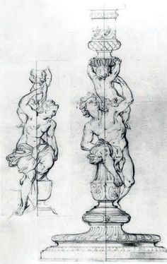 drawing of two statues, one holding a vase and the other sitting on a pedestal