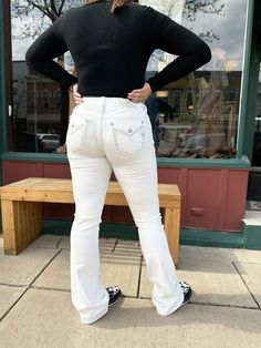 Step into the show ring in style with our newest arrival. Miss Me Women's White Criss Cross Embroidered Mid-Rise Bootcut Jeans. Livestock Show, Livestock Feed, Mid Rise Bootcut Jeans, Show Cattle, Animals Care, Showing Livestock, Western Store, Stylish Jeans, Cowgirl Western