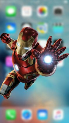 an iron man flying through the air with his hands in front of him and other app icons