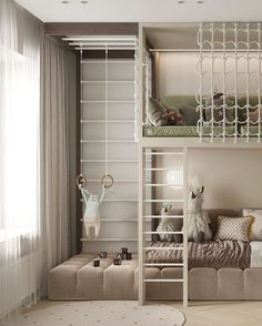 a bedroom with bunk beds and stuffed animals on the bottom level, in front of a curtained window