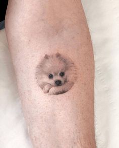 a small white dog is in the middle of a tattoo on someone's leg