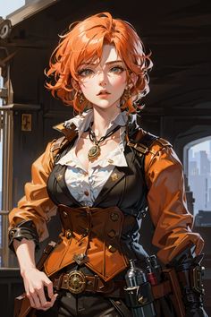 an orange haired woman in steampunk clothing