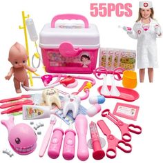 the doll is surrounded by her toys and medical supplies, including an open pink case