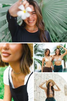 In first image, model is holding up a white plumeria flower. In the second image, close-up of model's colorful beaded necklace. In the third image, two models are standing side by side wearing bikini tops and Lotus and Luna wide leg drawstring pants; one model is holding a coconut on her head. Fourth image shows model is soaking up sun and posing with straw hat.