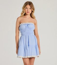 Cheerful Cutie Strapless Gingham Skater Dress | Windsor Strapless Summer Mini Dress With Lace Trim, Strapless Mini Dress With Lace Trim For Summer, Cute Gingham Smocked Dress For Summer, Cute Gingham Smocked Summer Dress, Summer Cotton Smocked Dress With Lace Trim, Summer Smocked Dress With Lace Trim For Daywear, Summer Daywear Smocked Dress With Lace Trim, Casual Smocked Dress With Lace Trim For Summer, Casual Summer Smocked Dress With Lace Trim