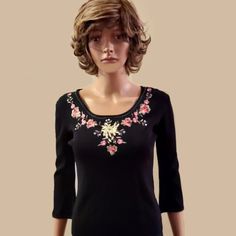 Size: Small Color: Black Floral Embroidered Material: 65% Viscose 35% Nylon Care: Hand Wash Cold, Lay Flat To Dry Or Dry Clean Measures: Arm Pit To Arm Pit Approximately 16" With Stretch, Approximately 21" Long, Sleeve Length 17 Brand New Top Has Never Been Worn. Fitted Sweater With Floral Embroidery For Spring, Fitted Embroidered Crew Neck Sweater, Spring Black Top With Embroidered Sleeves, Fitted Crew Neck Sweater With Floral Embroidery, Black Long Sleeve Tops With Floral Embroidery, Black Long Sleeve Embroidered Top With Floral Print, Black V-neck Top With Floral Embroidery, Black Embroidered Long Sleeve Peasant Top, New Top