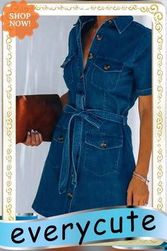 Solid Slim-fit Blue Denim Shirt Dress P15295 Casual Belted Denim Mini Dress, Casual Short Sleeve Belted Denim Dress, Casual Short Sleeve Denim Dress With Belt, Casual Belted Short Sleeve Denim Dress, Casual Belted Denim Dress With Short Sleeves, Casual Belted Denim Summer Dress, Slim Fit Casual Cotton Denim Dress, Casual Belted Denim Dress, Medium Wash Short Sleeve Denim Dress For Fall