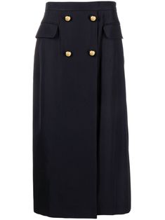 Workwear Midi Skirt With Buttons, Elegant Workwear Skirt With Concealed Front Fastening, Navy Pleated Skirt For Workwear, Navy Pleated Skirt Bottoms For Workwear, Navy Pleated Skirt For Work, Elegant Formal Bottoms With Side Buttons, Elegant Navy Skirt For Workwear, Elegant Skirt With Side Buttons, Elegant Navy Skirt For Work