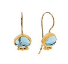 Nava Zahavi uneven shaped Blue Topaz, wrapped with 24K Gold an three Gold dots Hang 20mm Mesa Blue Jewelry, Blue Hammered Earrings For Gift, Fine Jewelry 14k Gold Blue Earrings, Elegant Blue Hammered Earrings, Blue Gold-plated Tarnish-resistant Jewelry, Blue Hammered Drop Earrings, Blue 14k Gold Tarnish-resistant Jewelry, Blue Gemstone Earrings In 14k Gold, Blue Drop Earrings, Gold Plated