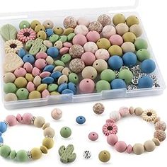 various beads and bracelets in a plastic container