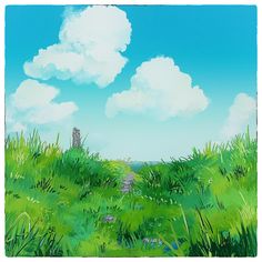 a painting of a grassy field with a tower in the distance under a blue sky