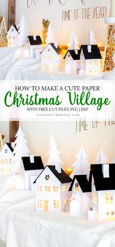 paper christmas village with trees and lights on it in front of a white backdrop that says how to make a cute paper christmas village