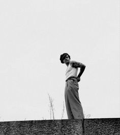 a man standing on top of a cement wall