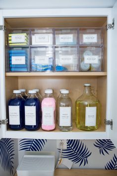 the shelves are filled with different types of soaps