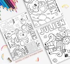 three children's coloring pages with pencils and crayons