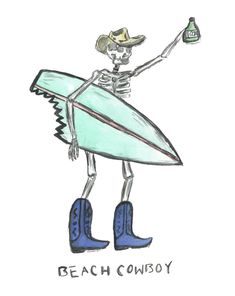 a drawing of a skeleton with a surfboard and hat holding a bottle of beer