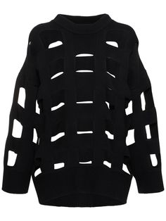 Ribbed collar, cuffs and hem. All over cutout details. Model is wearing a sizeS Cutout Sweater, Valentino Women, Wool Knit, Shearling Jacket, Knitwear Women, Swimwear Tops, Valentino Garavani, Black Sweaters, Down Jacket