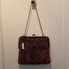 Great Looking Vintage Style Frame Bag With Chain Strap And Button Closure. The Front Of This Fabric Bag Is Beaded With Gunmetal Colored Caviar Beads That Highlight The Paisley Style Design Of The Velour “Ish” Fabric. A Gorgeous Figgy Purpley Brown Color. Great Holiday/Party /Evening Bag. A Little On The Larger Side. Will Definitely Hold A Larger Cell Phone Comfortably. 9” H X 10 1/4” Across Handle Drop Is 9 1/2”. Purple Evening Satchel Shoulder Bag, Elegant Rectangular Satchel With Snap Closure, Purple Square Shoulder Bag For Evening, Purple Square Evening Bag, Purple Everyday Bag With Chain Strap, Purple Chain Strap Bag For Daily Use, Purple Clutch Shoulder Bag For Formal Occasions, Elegant Pouch Bag With Snap Closure, Evening Shoulder Bag With Snap Closure