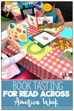 two children sitting at a table with books on it and the text book tasting for read across america week