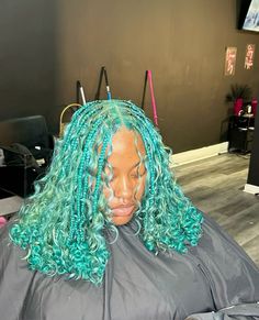 Green Hair Black Women Braids, Ginger Hair Green Outfit, Blue And Green Braids For Black Women, Teal Faux Locs, Turquoise Braids For Black Women, Mint Green Braids, Baby Blue Hair Black Women, Island Twists With Color, Hair Color Ideas For Locs