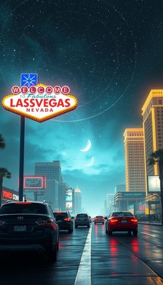 the las vegas sign is lit up at night with cars driving down the street below