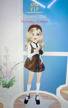 a doll is standing in front of a sign that says, i'm up runway queen