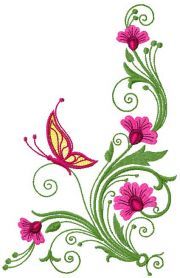 an embroidered design with pink flowers and a butterfly