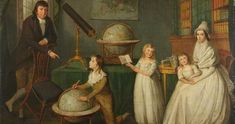 a painting of people in an old - fashioned room with a globe on the table