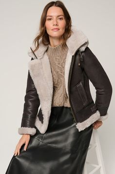 Jane Sheepskin B-3 Bomber Jacket | Overland Winter Sheepskin Outerwear With Zipper Closure, Winter Shearling Leather Jacket With Zipper Closure, Winter Shearling Leather Jacket With Zipper, Winter Shearling Outerwear With Zipper Closure, Sheepskin Aviator Jacket With Faux Fur Lining, Aviator Outerwear With Faux Fur Lining For Fall, Fitted Outerwear With Faux Fur Lining, Shearling Aviator Fur Coat For Fall, Winter Aviator Outerwear With Faux Fur Trim