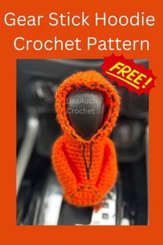 an orange knitted hoodie with the text gear stick hoodie crochet pattern