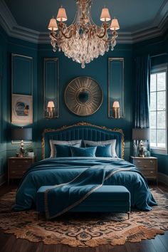 a blue bedroom with chandelier and bed in the middle, dark wood flooring