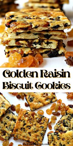 golden raisin biscuit cookies stacked on top of each other with dried raisins