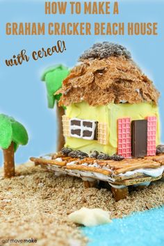 an image of a house made out of graham cracker beach house with cereal on the roof