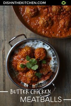 two bowls filled with meatballs and rice on top of a wooden table