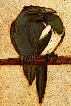 a drawing of a bird sitting on a branch with its head turned to the side