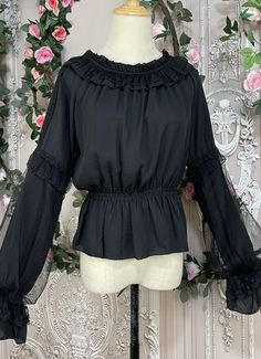 Women Kawaii Lace Ruffles O-Neck Flare Sleeve Chiffon Tops Girly Sweet Elegant Princess Blouses     Color:  As Picture   Applicable People:Adult   Gender:Women   Material: This Blouses is made of  High Quality Chiffon and Lace, soft and comfortable to wear   Package Includes: One Blouses   OCCASION: Masquerade,Birthday Party,Cosplay Party,and it's a good gift for Girlfriend,Daughter       Size:(cm)   One Size,Bust 80-105cm,Waist 60-95cm,Length50cm,Sleeve60cm   The ch Cute Black Blouse With Ruffles, Harajuku Style Ruffled Tops, Sweet Tops With Ruffles And Doll Collar, Harajuku Tops With Ruffles, Sweet Doll Collar Top With Ruffles, Cute Ruffled Party Blouse, Masquerade Birthday Party, Lace Ruffle, Gift For Girlfriend