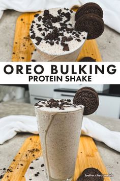 oreo bulking protein shake in a glass with an oreo cookie on top