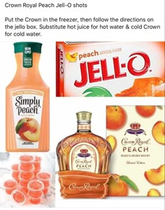 orange juice, peaches and jello are on display