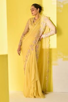 Shop for Ridhi Mehra Yellow Blouse Basha Draped Saree Skirt Set With Embroidered Dupatta for Women Online at Aza Fashions Yellow Net Saree, Saree Skirt, Yellow Drapes, Ridhi Mehra, Sari Skirt, Skirt Chiffon, Draped Saree, Net Skirt, Embroidered Crop Tops