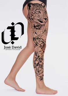 a woman's legs with tattoos and flowers on them