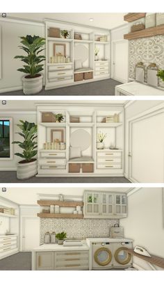 three different views of a kitchen with white cupboards and plants in pots on the shelves