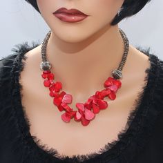 ♥ Ready to ship ♥ 100% handmade ♥ Packed in gift box ♥ Custom length Red coral statement necklace designed with genuine Italian teardrop coral beads. Chunky stylish elegant one of a kind necklace. Coral beads looks like flower petals around the neck. Accented with blackened silver antique beads. Inspired by nature this classy, stylish, elegant necklace makes a powerful statement! Feminine and romantic, tasteful but eye catching, suits every woman! It will be a great accessory for any outfit by d Red Natural Stones Beaded Necklace, Unique Red Coral Beaded Necklace As Gift, Unique Red Necklaces For Valentine's Day, Red Bib Necklace As Gift, Elegant Red Beaded Bib Necklace, Elegant Red Bib Necklace, Handmade Turquoise Necklace, Jean Art, Chunky Gold Chain Necklace