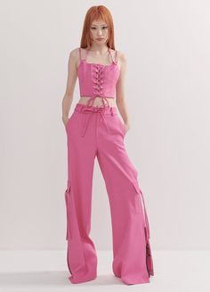 The MONSE Side Slit Cargo Pants are designed with visible side slits, flap pockets at the sides, and a relaxed wide leg cut. Style yours with our Stud Lacing Bustier. Red Leather Skirt, Fall 2023 Ready To Wear, Velvet Cocktail Dress, 2023 Ready To Wear, Lace Bustier, Pink Outfits, Going Out Outfits, Bustier Top, Fall 2023