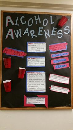 a blackboard with writing on it that says alcohol awareness and red cups in different directions