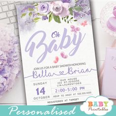 a baby shower party with purple flowers on the front and pink roses on the back